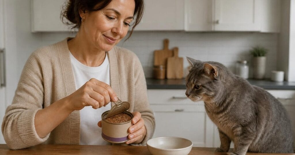 Konserve kedi maması açarken dikkat edilmesi gerekenler konserve kedi maması açan kadın